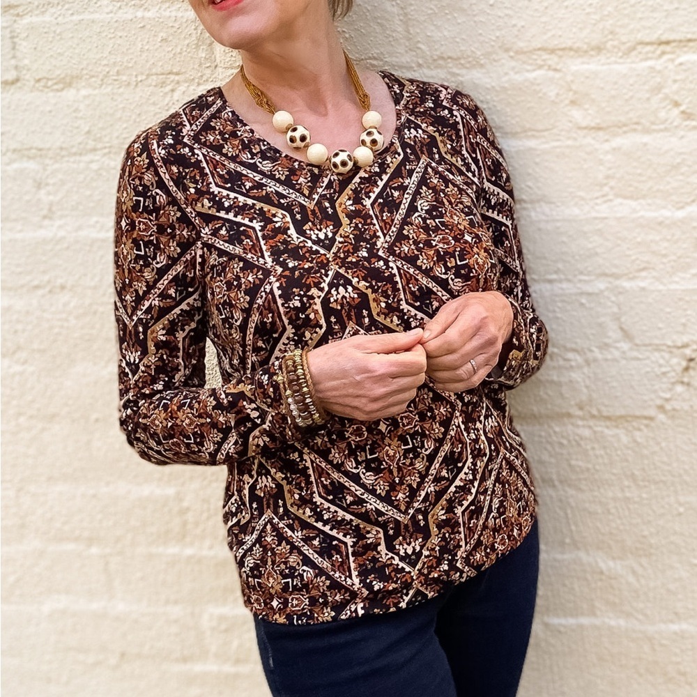 Chico’s Block Print Layering Tee Blouse Long Sleeve Chicos 3 XL